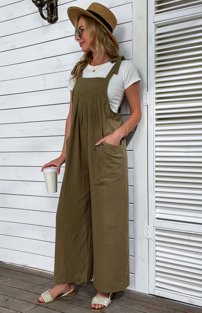 Wide-leg cotton and linen overalls